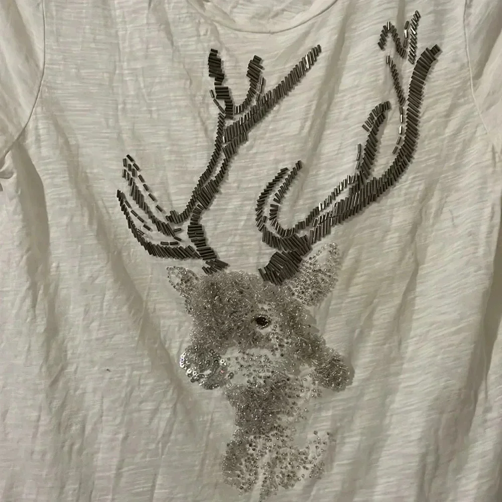 J. Crew White T-Shirt with Silver Deer Design